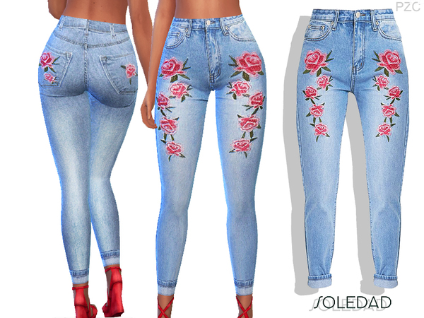 Sims 4 Soledad Embroidered Skinny Jeans by Pinkzombiecupcakes at TSR
