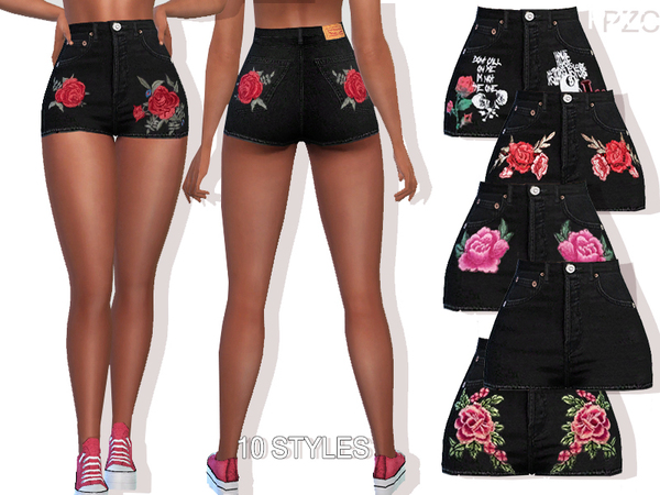 Sims 4 Summer Black Denim Embroidered Shorts by Pinkzombiecupcakes at TSR