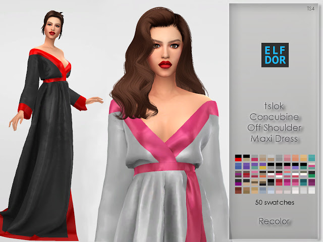 Sims 4 Tslok Concubine Off Shoulder Maxi Dress RC at Elfdor Sims