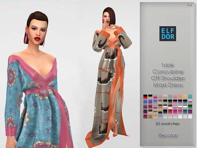 Sims 4 Tslok Concubine Off Shoulder Maxi Dress RC at Elfdor Sims