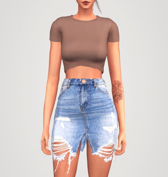Sims 4 Asymmetric t shirt & destroyed denim skirt at Elliesimple