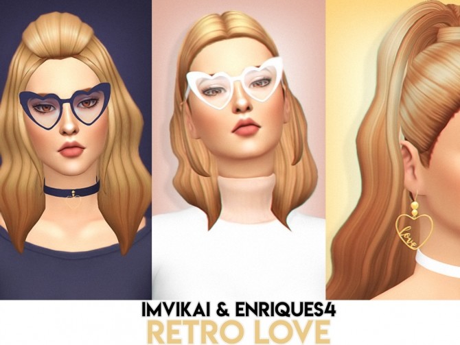 Sims 4 Retro Love Collection (2 Hairs, Choker, Earrings, Glasses) at Enriques4