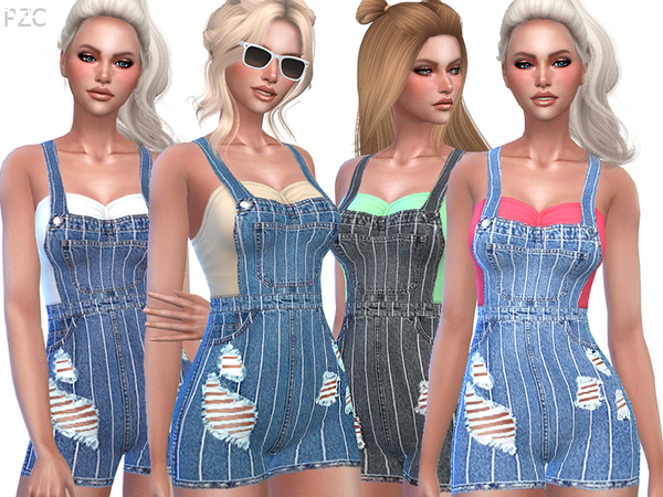 Sims 4 Denim Striped Distressed Overalls by Pinkzombiecupcakes at TSR