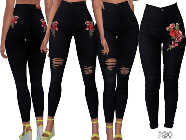 Sims 4 Summer Black Embroidered and Ripped Jeans by Pinkzombiecupcakes at TSR