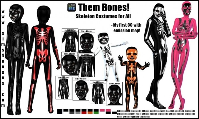 Sims 4 Them Bones skeleton costumes by SamanthaGump at Sims 4 Nexus