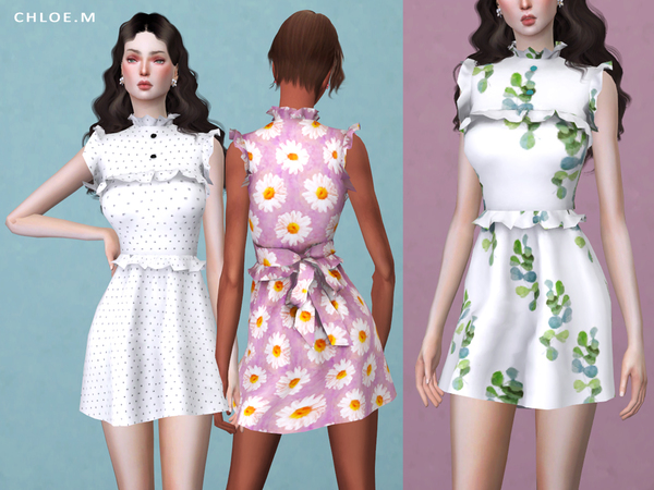 Sims 4 Dress with falbala 02 by ChloeMMM at TSR
