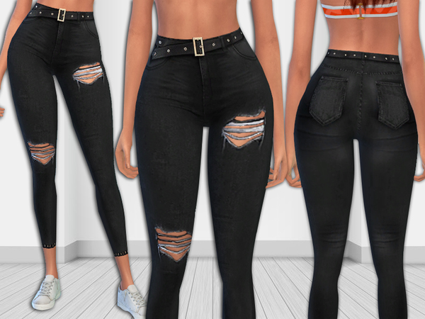 Sims 4 Black Realistic Ripped Jeans with Leather Belt by Saliwa at TSR
