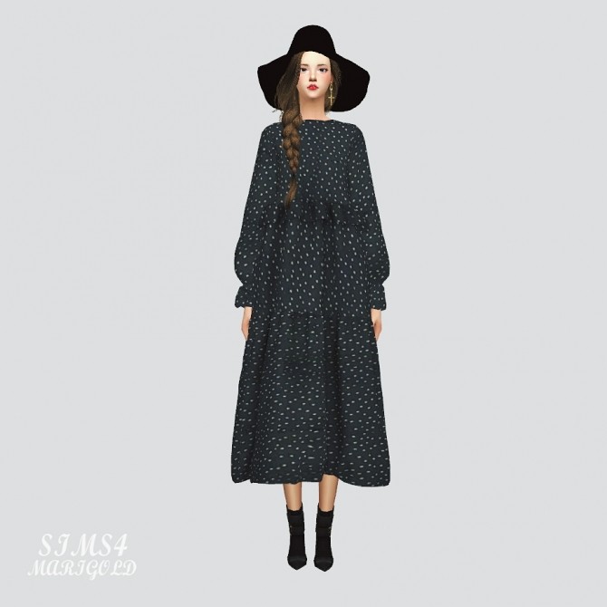 Sims 4 Dotted Pattern Frill Long Dress at Marigold