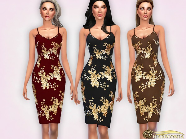 Sims 4 Sequin Strappy Plunge Midi Dress by Harmonia at TSR