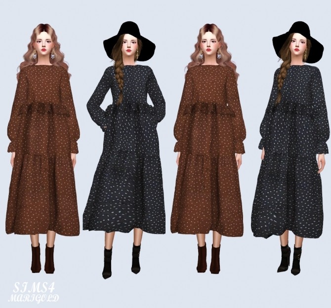 Sims 4 Dotted Pattern Frill Long Dress at Marigold