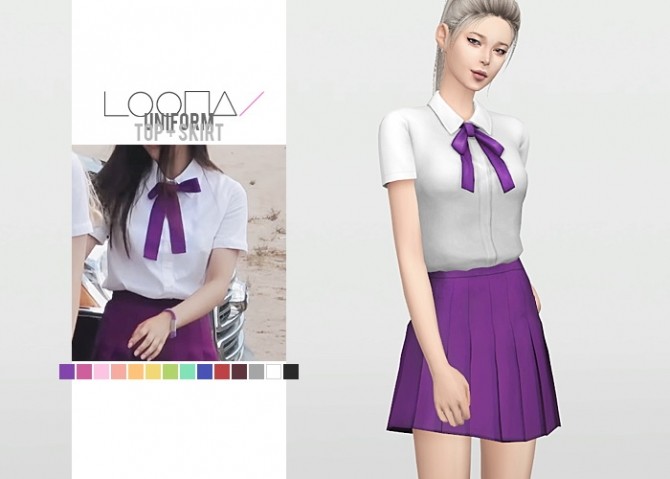 Sims 4 LOONA Uniform Top + Skirt at Waekey