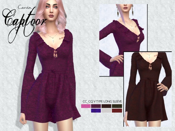 Sims 4 V type long sleeve dress by carvin captoor at TSR
