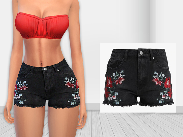Sims 4 Even Odd Denim Floral Shorts by Saliwa at TSR