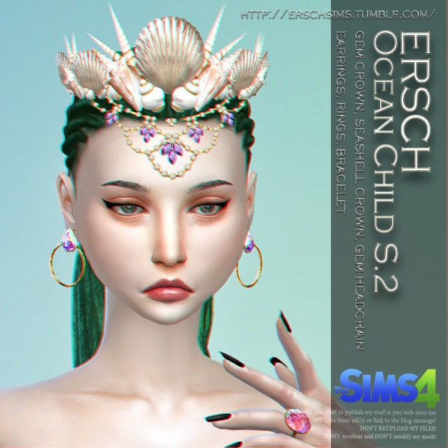 Sims 4 Ocean Child S.2 crowns, earrings, bracelets, rings and headchain at ErSch Sims