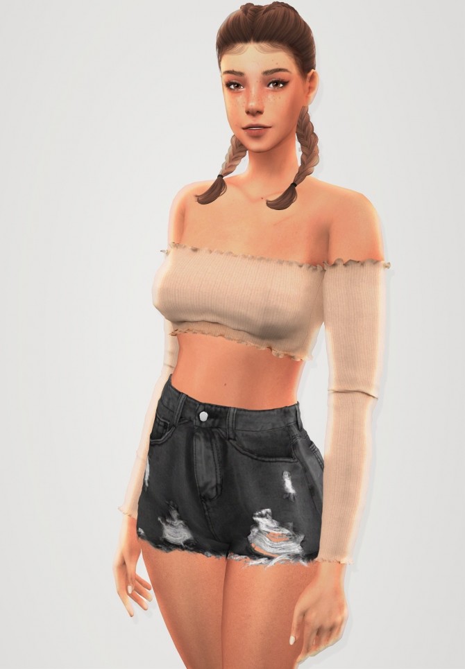 Sims 4 Crop top long sleeve & destroyed denim shorts at Elliesimple
