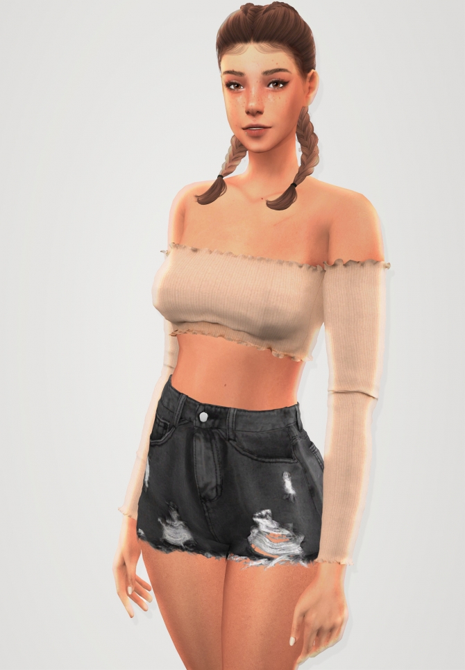 Crop top long sleeve & destroyed denim shorts at Elliesimple » Sims 4 ...