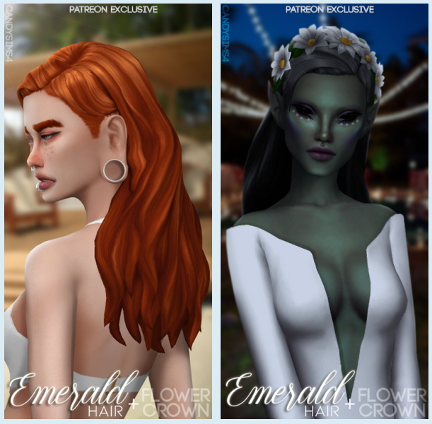 Sims 4 EMERALD HAIR + FLOWER CROWN (P) at Candy Sims 4