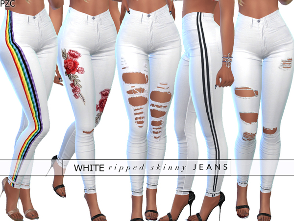 Sims 4 White Ripped Skinny Jeans 050 by Pinkzombiecupcakes at TSR