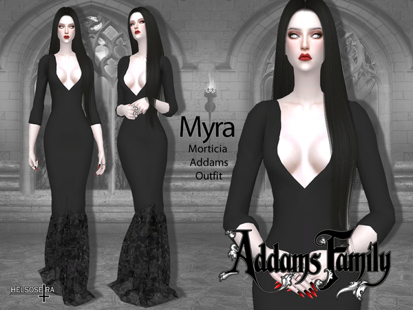 Sims 4 MYRA Morticia Addams Dress by Helsoseira at TSR