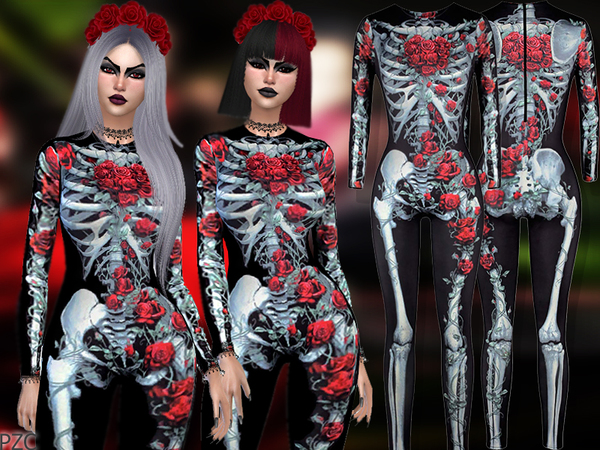 Sims 4 Skeleton Halloween Costume Bodysuit by Pinkzombiecupcakes at TSR