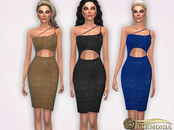 Sims 4 Asymmetric Cut out Glitter Midi Dress by Harmonia at TSR