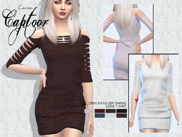 Sims 4 Open Shoulder Tearing Sleeve T shirt by carvin captoor at TSR