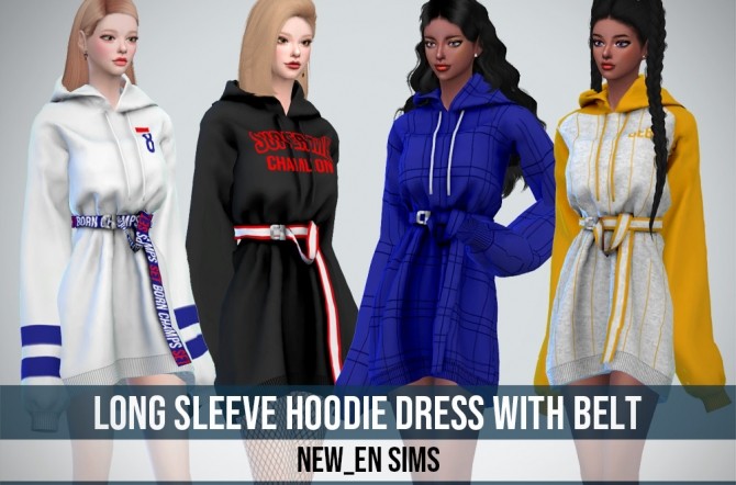 Sims 4 Long Sleeve Hoodie Dress With Belt at NEWEN