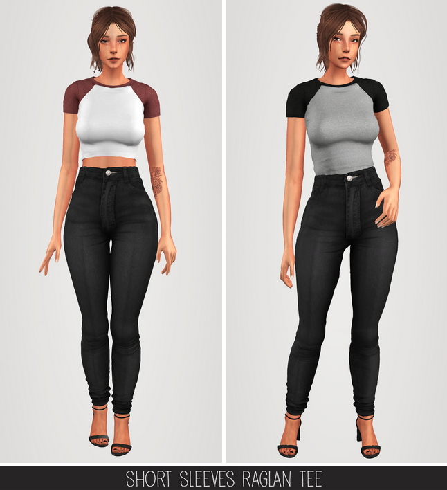 Sims 4 Short sleeve raglan tee & High waist jeans at Elliesimple