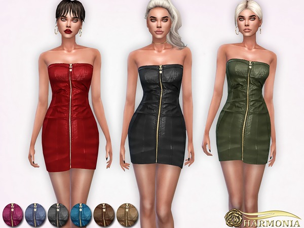 Sims 4 Strapless Leather Dress with Front Zipper by Harmonia at TSR