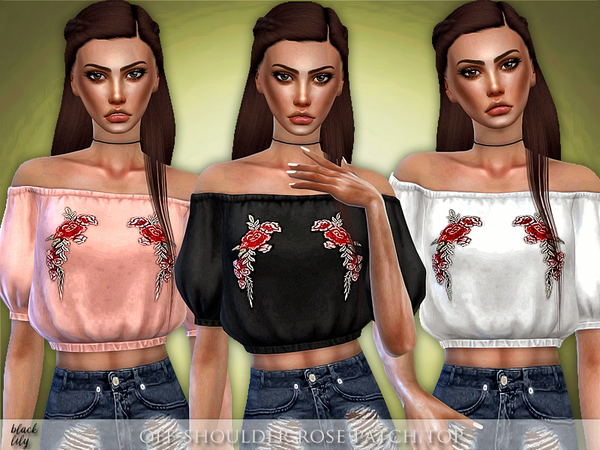 Sims 4 Off Shoulder Rose Patch Top by Black Lily at TSR