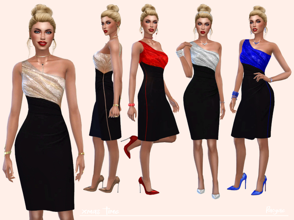 Sims 4 Xmas time elegant one shoulder dress by Paogae at TSR