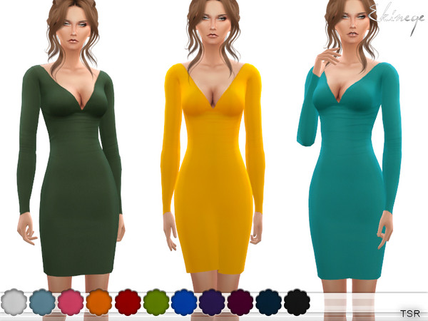 Sims 4 Long Sleeve V Neck Dress by ekinege at TSR