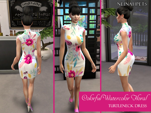 Sims 4 Colorful Watercolor Floral Turtleneck Dress by neinahpets at TSR