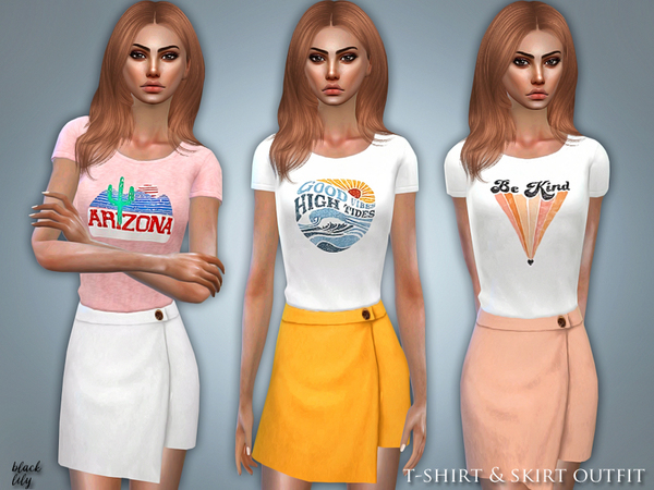 Sims 4 T Shirt & Skirt Outfit by Black Lily at TSR