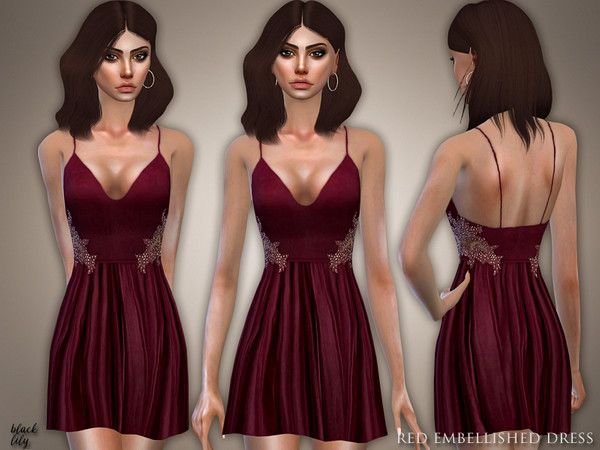 Sims 4 Red Embellished Dress by Black Lily at TSR