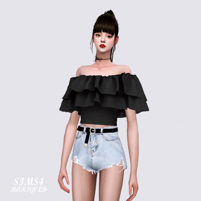 Sims 4 Ruffle Top Ruffle Off-Shoulder Top Solid C at Marigold » Sims 4 Updates
