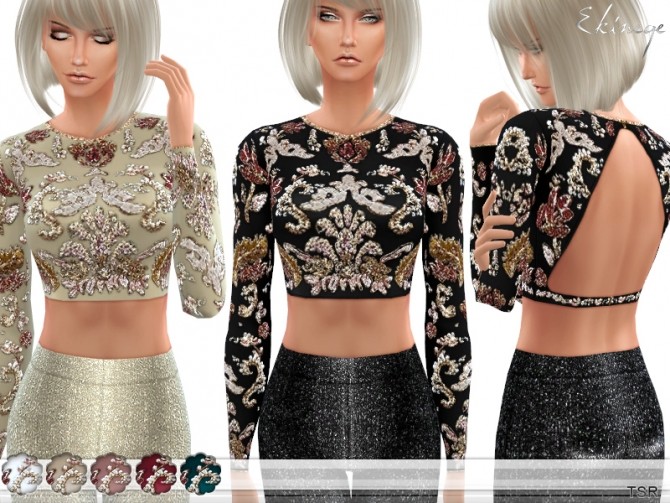 Sims 4 Embellished Open Back Cropped Top by ekinege at TSR