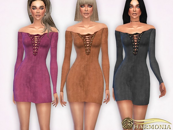 Sims 4 Faux Suede Lace Up Dress by Harmonia at TSR