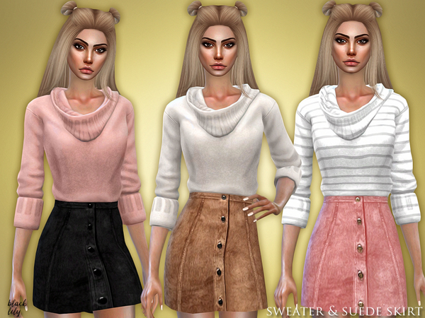 Sims 4 Sweater & Suede Skirt by Black Lily at TSR