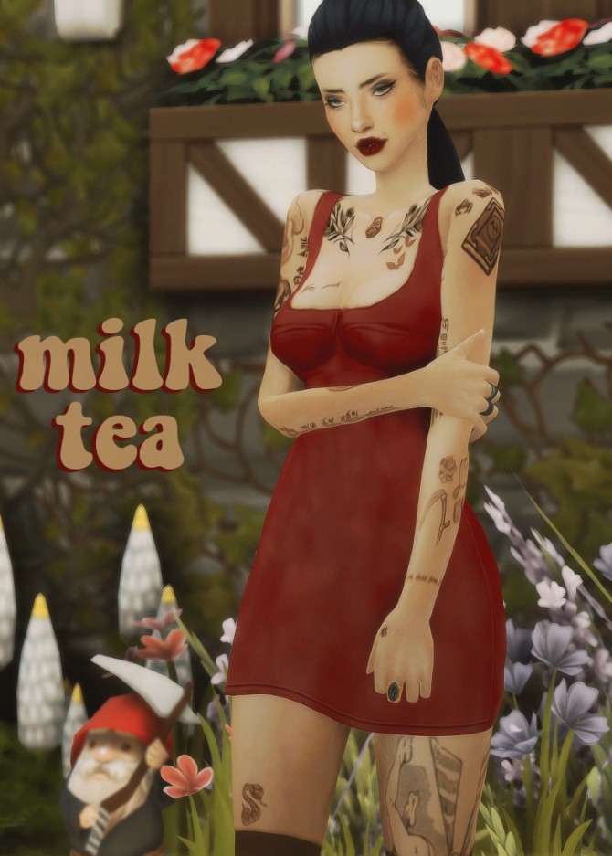 Sims 4 Ridgeport‘s milk tea dress at cowplant pizza