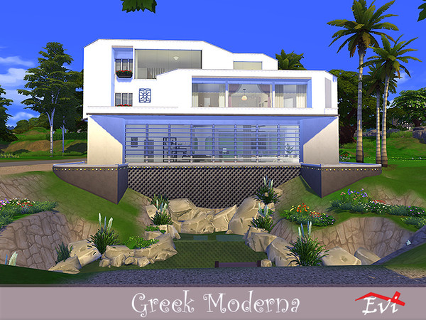 Sims 4 Greek Moderna house built on a cliff by evi at TSR