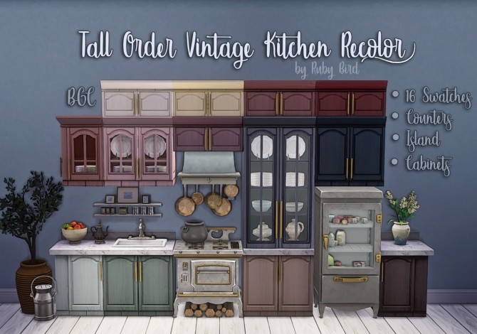 Sims 4 Tall Order Vintage Kitchen recolored in Posh Palette at Miss Ruby Bird
