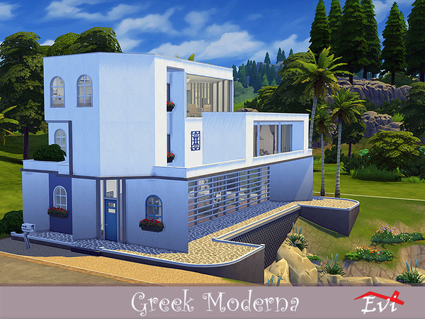 Sims 4 Greek Moderna house built on a cliff by evi at TSR