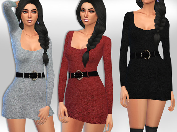 Sims 4 Winter Long Sleeve Dresses with Belt by Saliwa at TSR