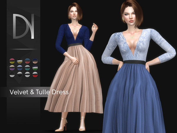 Sims 4 Velvet & Tulle Dress by DarkNighTt at TSR