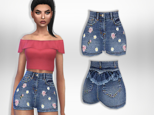Sims 4 Floral Denim Shorts by Puresim at TSR