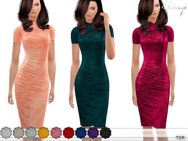 Sims 4 Gathered Velvet Midi Dress by ekinege at TSR