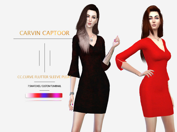 Sims 4 Curve flutter sleeve pleat dress by carvin captoor at TSR