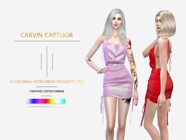 Sims 4 Drewing Satin Dress Spaghetti line by carvin captoor at TSR