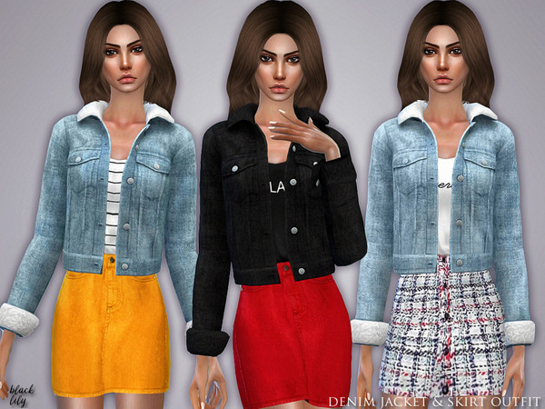 Sims 4 Denim Jacket & Skirt Outfit by Black Lily at TSR